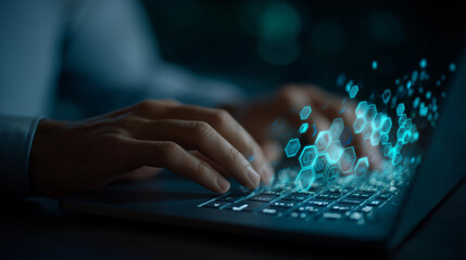 Futuristic workspace with AI holograms and laptop user