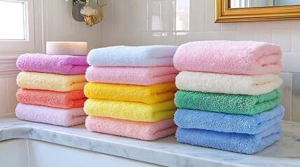 Stacked colorful towels on a marble countertop.