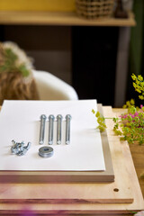 Flower pressing kit surrounded by fresh summer flowers. DIY botanical project in cozy home setting with bolts, wooden boards, and white paper sheets ready for use