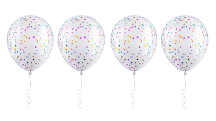 Festive White Balloons with Colorful Confetti Floating on a Transparent Background for Joyful Occasions