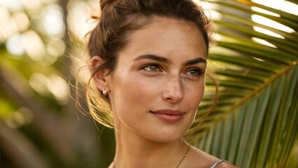 Fototapeta premium A beautiful woman looking towards the light with a serene expression and soft skin