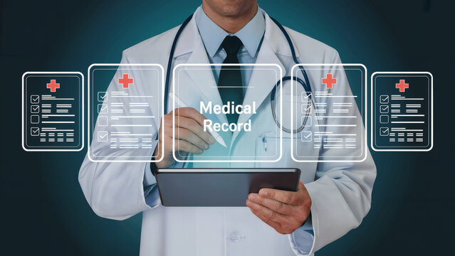 Doctor uses tablet to access digital medical records, showcasing modern healthcare technology and patient data management.