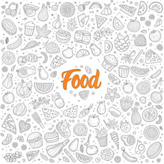 Hand drawn set of healthy food ingredient doodles with lettering in vector