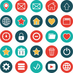 Fototapeta premium Collection of flat circular icons with white outlines on teal red and dark blue backgrounds