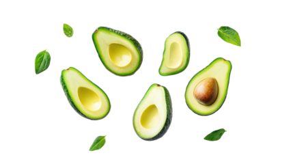 Fresh Avocado Halves and Leaves Floating on a Transparent Background for Healthy Food