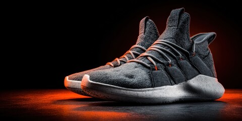 Stylish gray sneakers. Modern design, dark background. Ideal for sportswear ads, catalogs, websites.