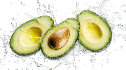 Fresh Avocado Halves with Water Droplets on a Clear Background for Healthy Eating