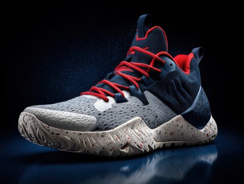 Stylish athletic sneakers, dark background. Ideal for sports, fashion, and advertising. Perfect for websites, social media, and print.