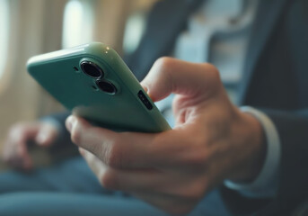 Close-up of man using smartphone while seated in  airplane. The blurred plane interior and in-flight setting  background. Modern business travel, staying connected on the go concept.