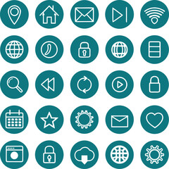 Collection of white line art icons on teal circles for web and app design technology