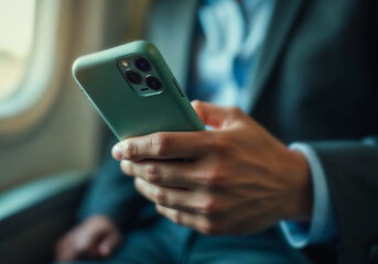 Close-up of man using smartphone while seated in  airplane. The blurred plane interior and in-flight setting  background. Modern business travel, staying connected on the go concept.
