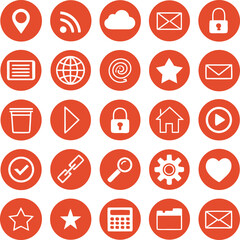 Collection of white social media and web icons on orange circles social media icons
