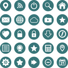 Collection of white web interface icons on teal circular backgrounds technology