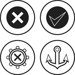 Four circular icons with black and white graphics including a cross a checkmark a gear with a cross and an anchor