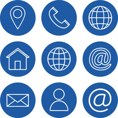Nine blue circles with white outline icons for communication and location pin