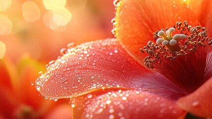 Dewy orange flower close-up, garden bokeh background, nature beauty, spring card