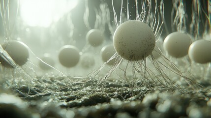 Spores germinate, dark soil, ethereal light, microscopic view, science background