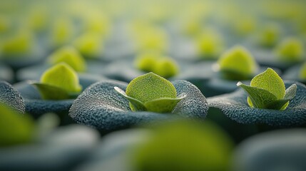 Young plants growing in a hydroponic system, sunrise