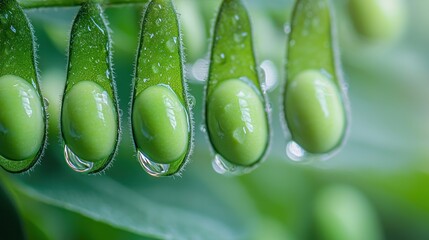 Fresh green soybeans in pods, dew drops, close-up, agriculture, healthy food