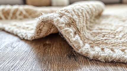 Beige rug on wood floor, close-up. Home decor, interior design