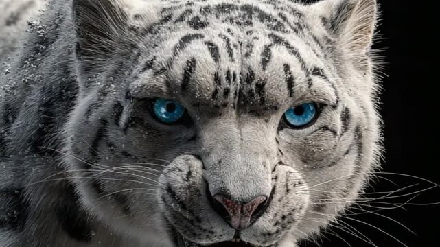 Close-up portrait of a snow leopard with vibrant blue eyes and detailed fur