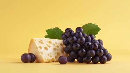A Delightful Still Life: Cheese and Grapes on a Yellow Background