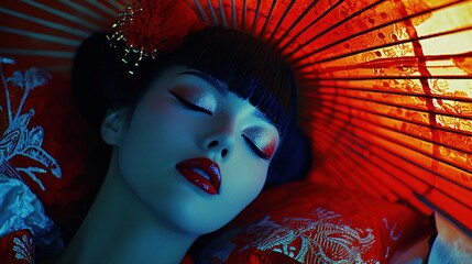 Serene Geisha sleeps under red parasol, dramatic lighting, Asian culture