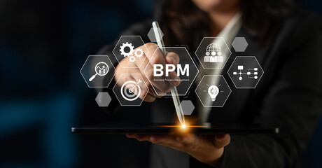 Business Process Management concept showing workflow analysis, process optimization, team...