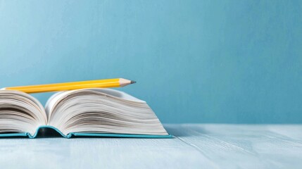Open Book with Pencil on Blue Background: A Still Life of Knowledge and Learning