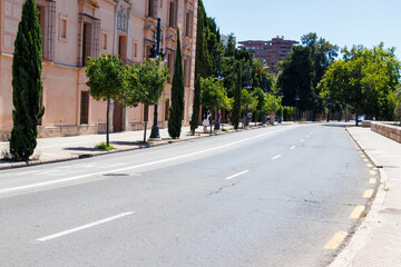 Quiet street captured in Alicante, featuring lush green trees and a historic building. A peaceful summer day highlights the beauty of urban architecture.