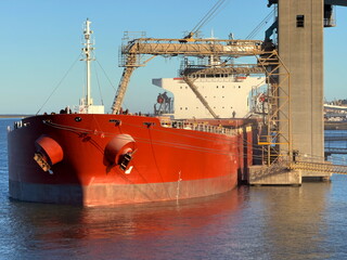 red bulk carrier moored. grain port for loading