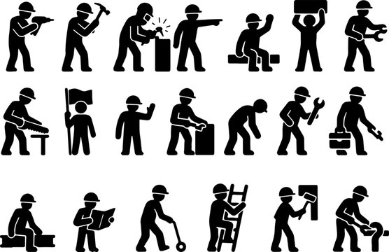 Diverse collection of silhouette figures engaged in various construction and manual labor activities