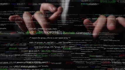 Close-up of hands typing on a keyboard surrounded by abstract programming text and data,...
