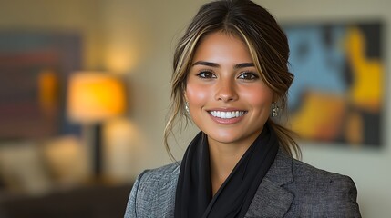 Confident woman smiles warmly in a professional setting.