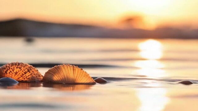 Coastline scene with shells and sand at sunset, great for travel or nature images