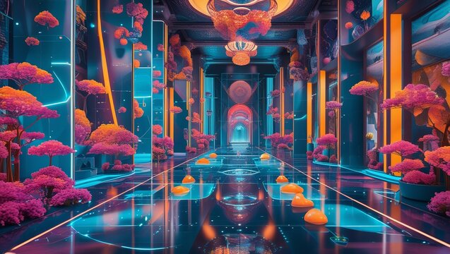 Immersive Digital Tunnel of Bright Blue, Pink, and Orange Lit Monitors and Keyboards in a High-Tech Control Room.