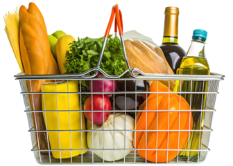Shopping basket full of food isolated on a transparent background