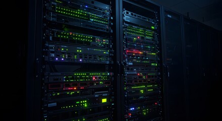 Server rack stacked under blinking lights
