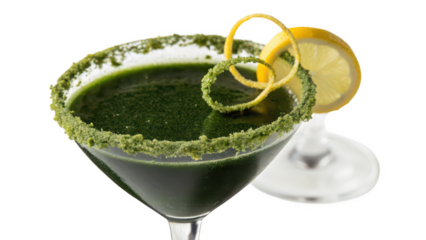 A vibrant green cocktail garnished with a lemon twist and salt rim in a martini glass isolated on transparent background