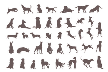Gray Flat Vector Silhouettes of Dogs – Various Breeds and Poses