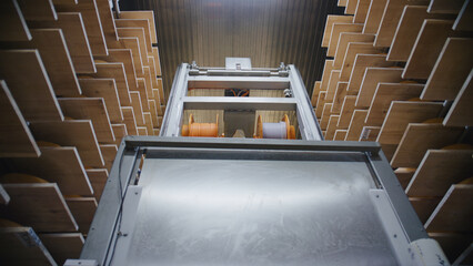 Automated system lifting cheese for aging in
