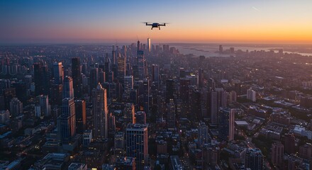 Drone hovering above urban skyline