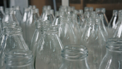Empty glass bottles awaiting filling in industrial