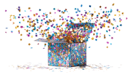 Gift Box with Multicolored Stars Exploding on Transparent Backdrop for Special Events