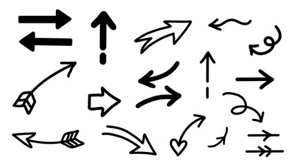 Hand-drawn arrow doodles collection, isolated on white background. Doodle art simple sketch black arrowheads simple line elements left and right. Vector illustration 