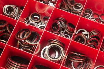 A set of steel sealing rings with a rubber core.