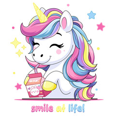 A fun and colorful kawaii style illustration featuring a unicorn drinking a juice. Perfect for greeting cards, children's clothing, stickers and cheerful stationery, print.