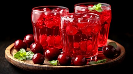 Refreshing cherry drinks on a wooden tray.