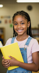 Menina criança negra estudante sorrindo segurando livro amarelo