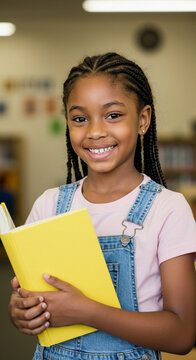 Menina crian&ccedil;a negra estudante sorrindo segurando livro amarelo